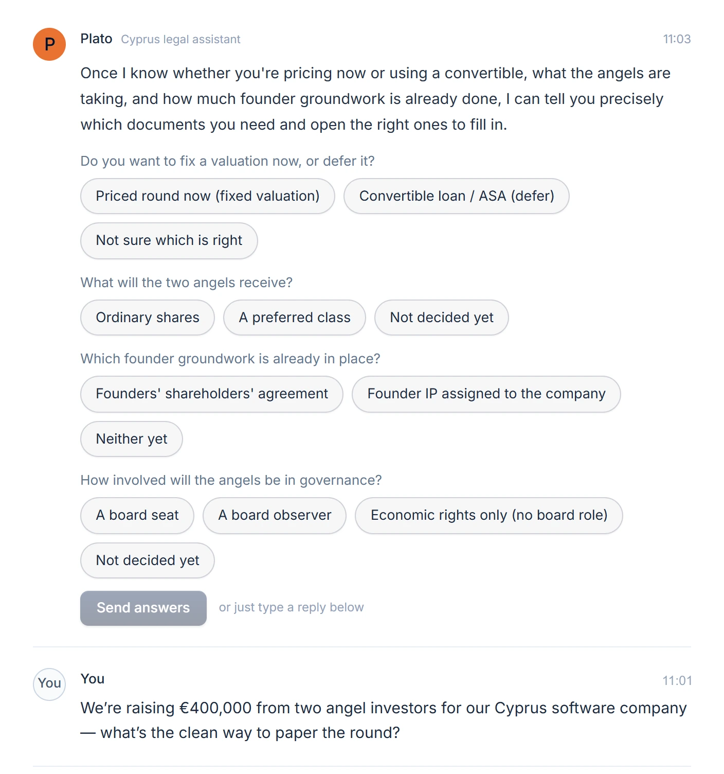 Plato’s scoping message in the seed-round conversation — four guidance questions with one-tap options (valuation now or defer, what the angels receive, founder groundwork, governance) above the founder’s original €400,000 question.