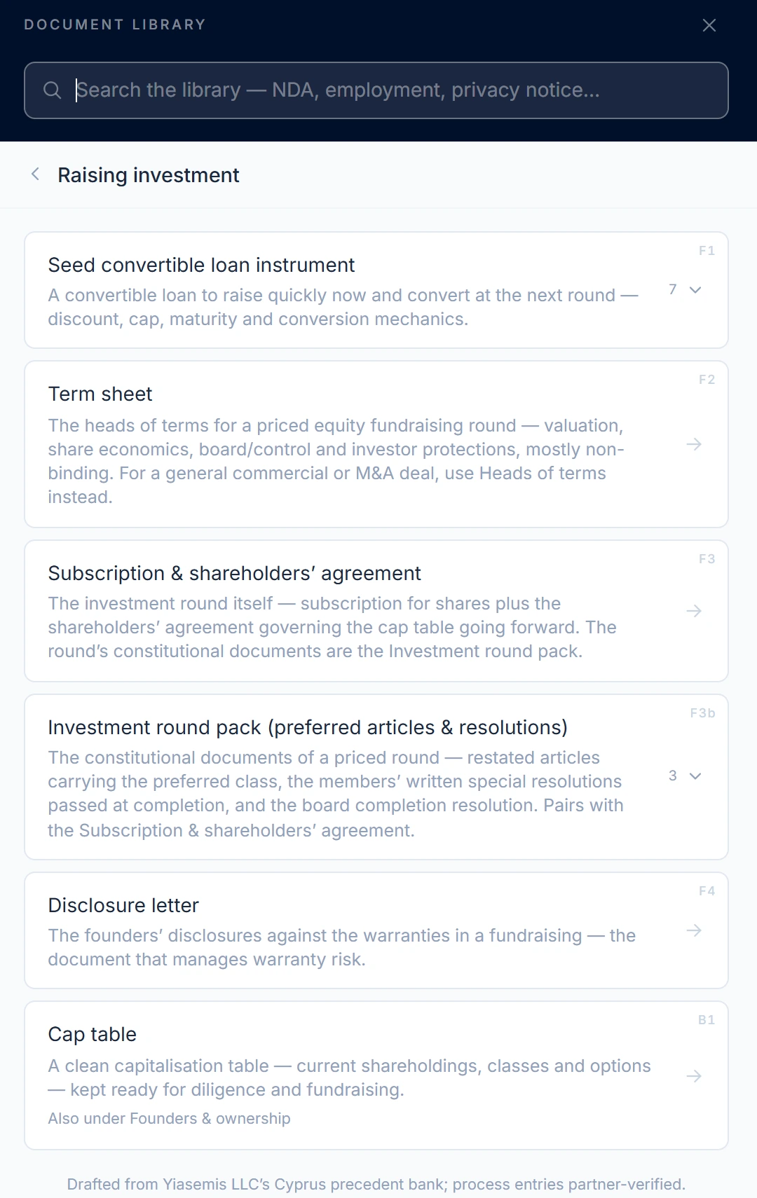 The library’s Raising investment section — seed convertible loan instrument, term sheet, subscription and shareholders’ agreement, investment round pack, disclosure letter and cap table.