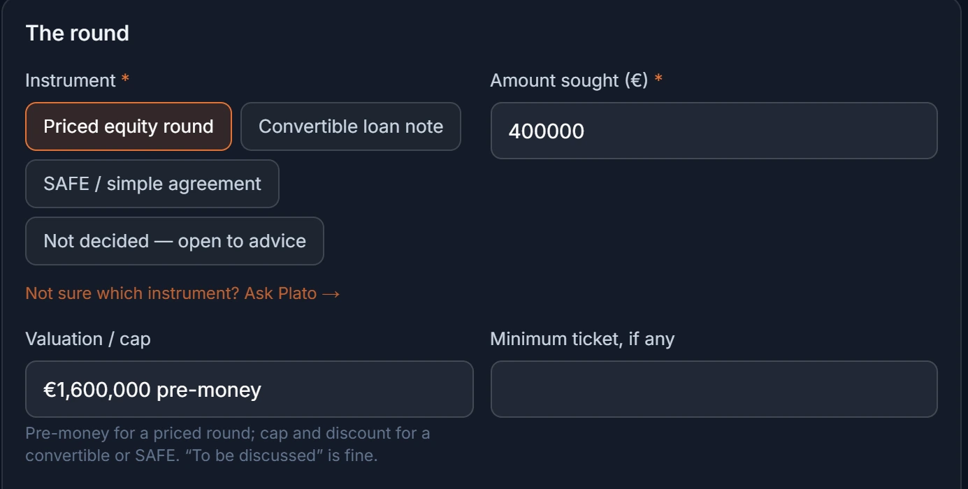 The round section — instrument choice, amount sought and valuation, with guidance one click away.